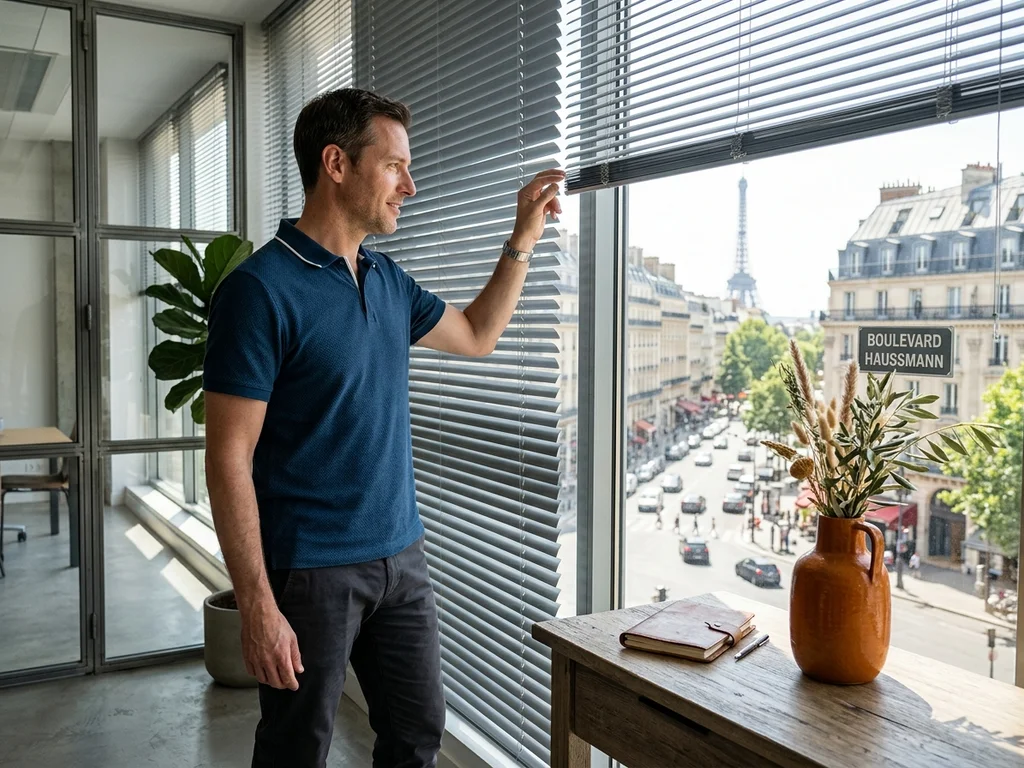Homme ajustant les stores d'un bureau parisien baigné d'une lumière solaire tamisée et confortable.