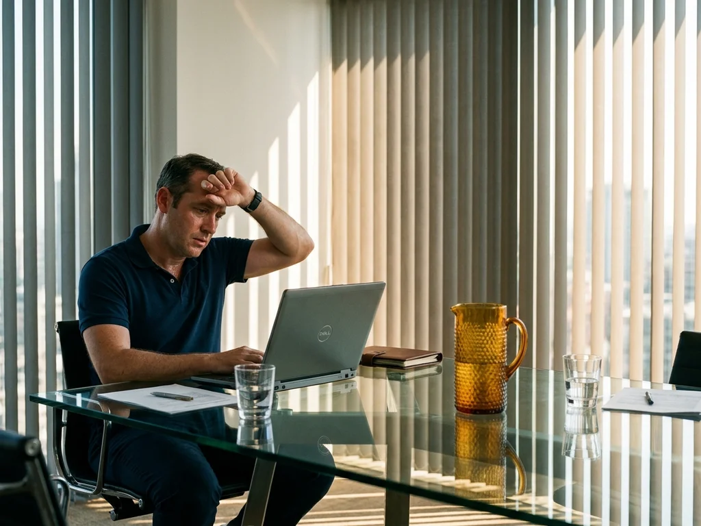 Un employ� accabl� par la chaleur dans un bureau surchauff� malgr� les stores ferm�s.