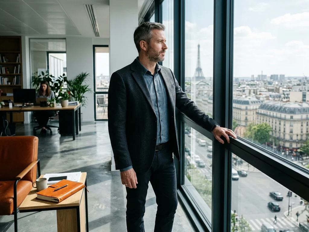 Cadre admirant la vue parisienne derrière une façade vitrée protégée du rayonnement solaire.