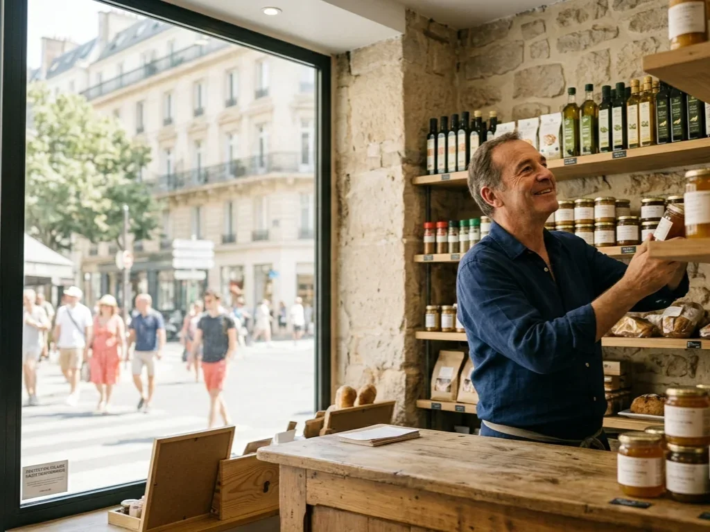 Commerçant dans sa boutique parisienne protégée de la chaleur par un film solaire performant.