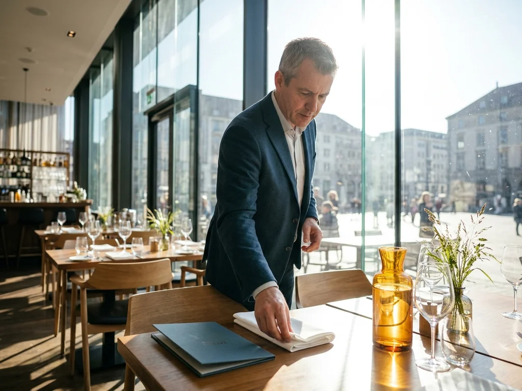 Gérant de restaurant ajustant une table sous une verrière ensoleillée soulignant l'importance du confort.