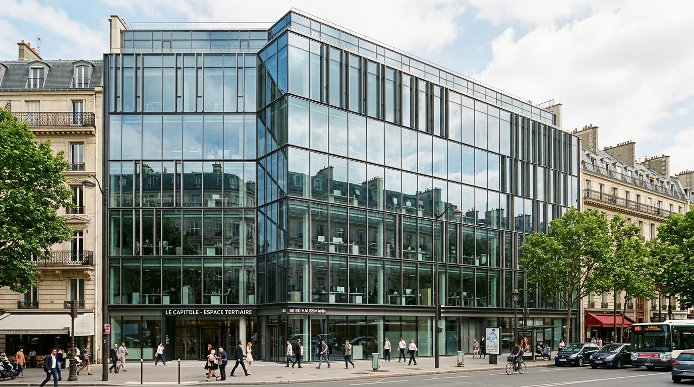 Façade vitrée d'un immeuble tertiaire parisien équipée d'un film solaire de protection.