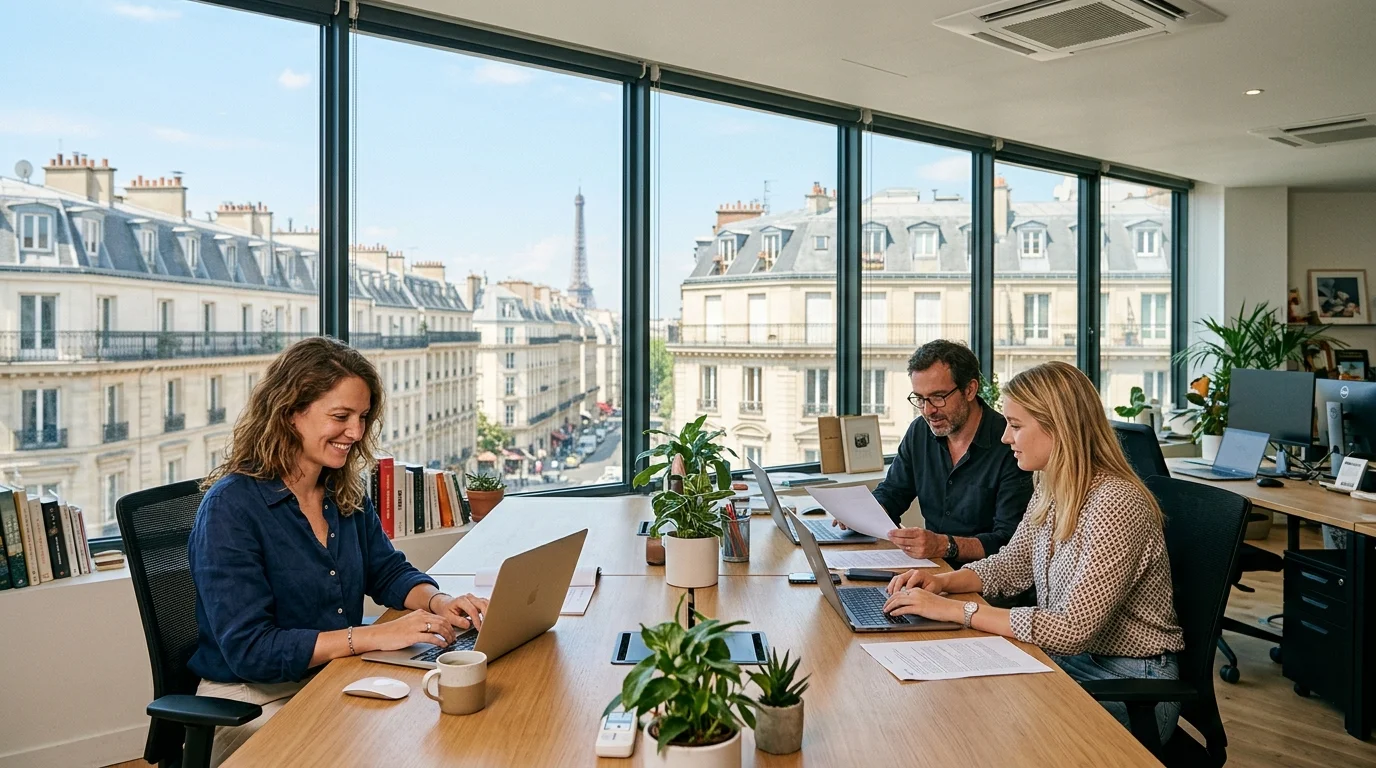 Salariés travaillant confortablement dans un bureau parisien protégé de la chaleur par un film solaire.