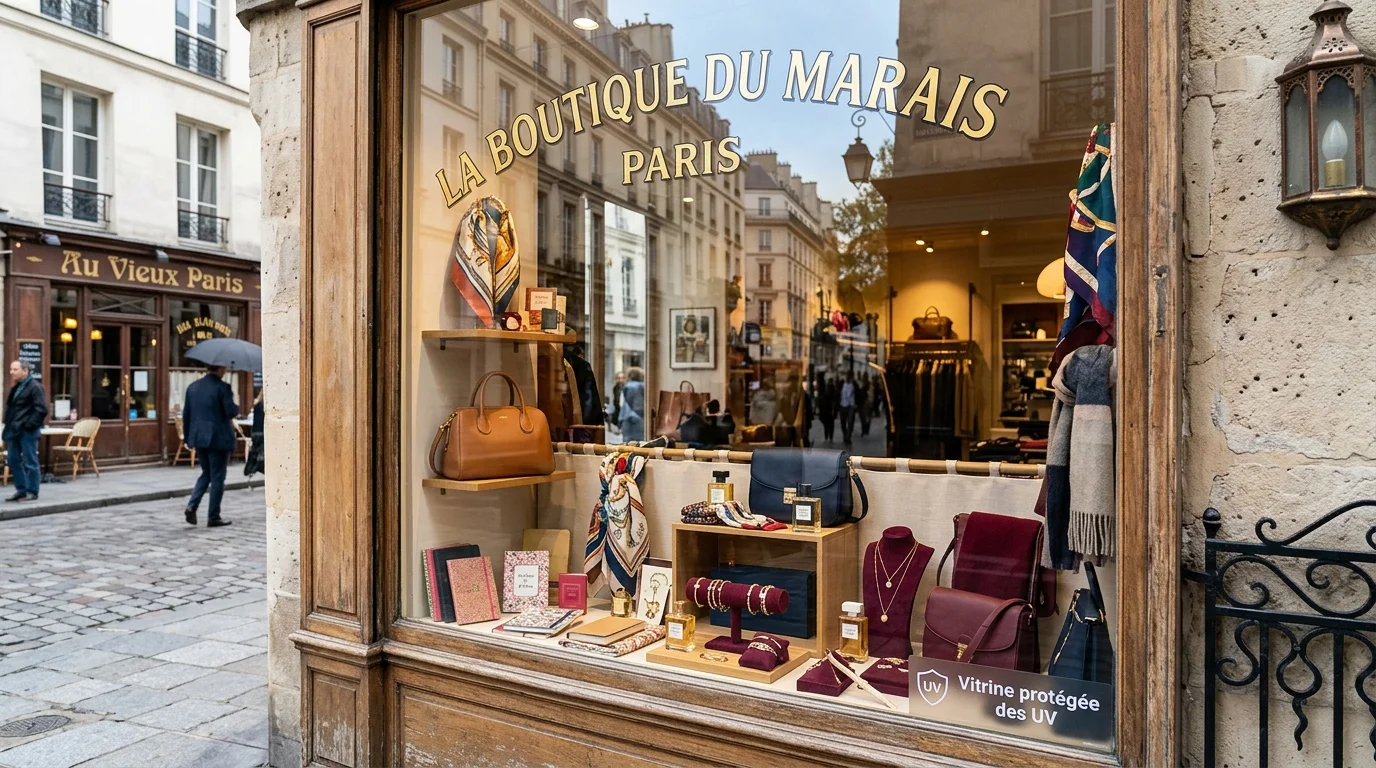 Produits mis en valeur dans une vitrine parisienne protégée de la décoloration par un film solaire.