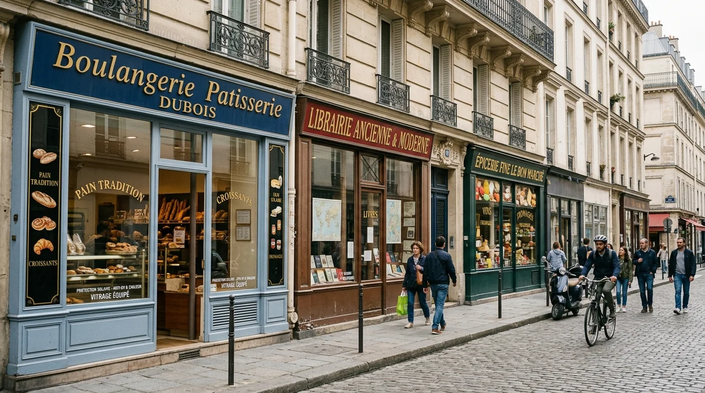 Vitrines de commerces parisiens variés équipées d'un film solaire de protection.