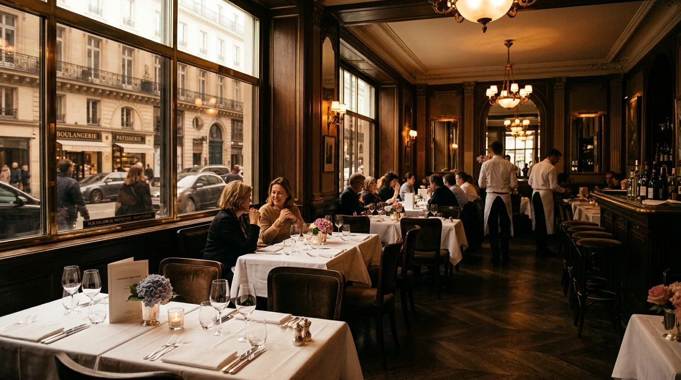 Salle de restaurant d'hôtel parisien baignée d'une lumière tamisée par un film solaire.