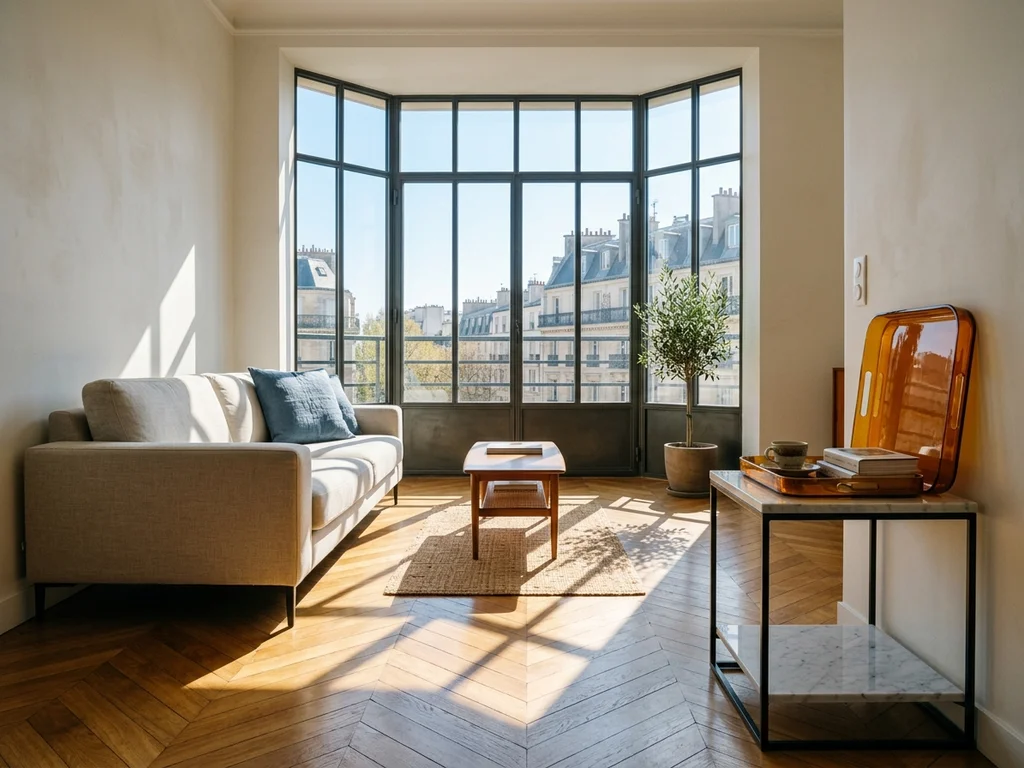 Salon parisien lumineux avec une baie vitrée protégée par un film solaire anti-chaleur.