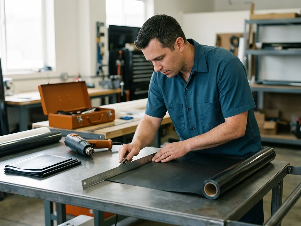 Un technicien qualifié découpe avec précision un film solaire dans un atelier professionnel certifié.