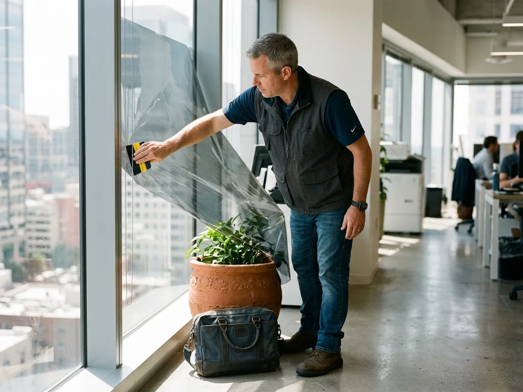 Technicien appliquant un film solaire pour protéger les bureaux de la chaleur et de l'éblouissement.