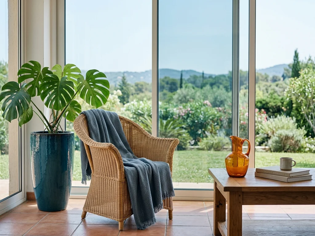 Véranda tempérée par film solaire pour un usage annuel confortable sans vis-à-vis gênant.